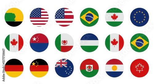 Collection of circular country flags including the united states canada and brazil on a white background
