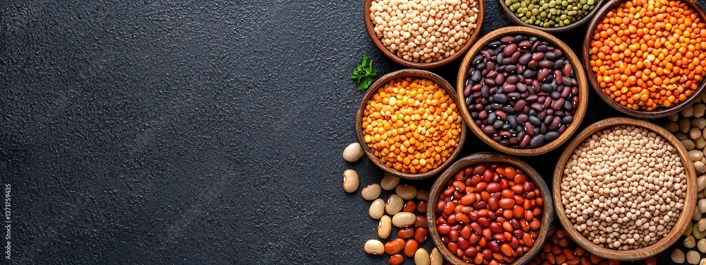 Rustic wooden bowls filled with an assortment of colorful beans lentils and whole grains arranged in a balanced minimalist composition against a dark neutral background Rustic wooden bowls filled with an assortment of colorful beans lentils and whole grains arranged in a balanced minimalist composition against a dark neutral background
