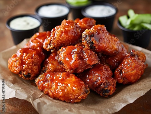 A high-resolution, photorealistic image of a boneless chicken wings platter with buffalo sauce, and bleu cheese sauce, served on a brown paper, surrounded by small black cups of ranch dressing,