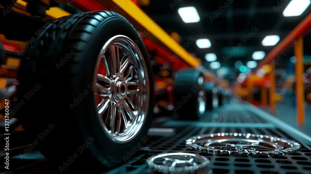 Fototapeta premium Sleek Chrome Wheel Assembly Line Automotive Technology Innovation