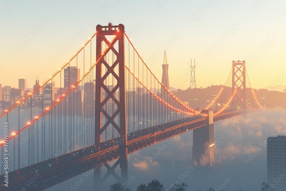 Fototapeta premium A stunning view of a bridge illuminated at dawn, with a city skyline and fog creating a serene atmosphere.