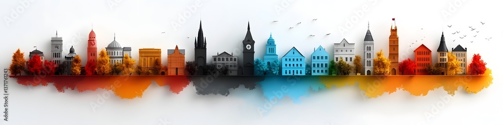 Fototapeta premium This vibrant abstract cityscape depicts a diverse collection of iconic architectural styles from different historical eras