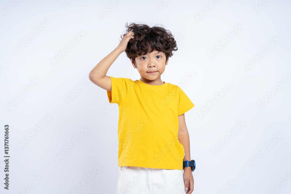 Portrait of beautiful Asian boy posing on white background, child Portrait of beautiful Asian boy posing on white background, child