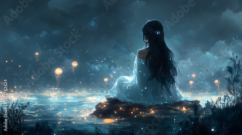 Wallpaper Mural Serene Contemplation: A ethereal woman in a flowing gown sits in quiet contemplation by a shimmering lake, a symphony of soft blues, shimmering light, and gentle illumination. Torontodigital.ca