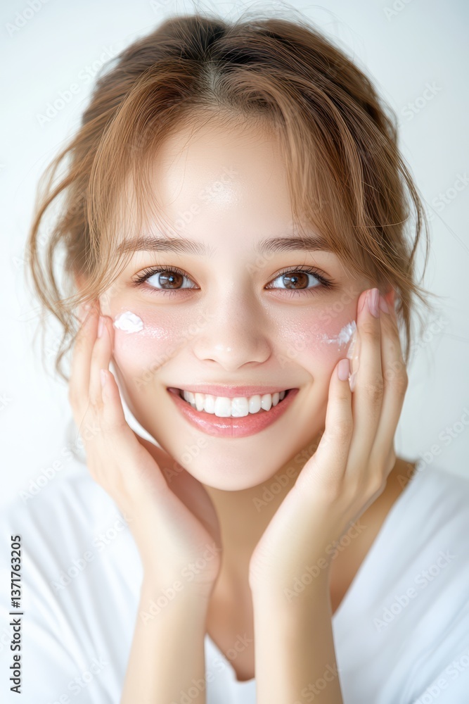 portrait of young beautiful smiling female touching cheeks with fingers as if applying skincare cream portrait of young beautiful smiling female touching cheeks with fingers as if applying skincare cream