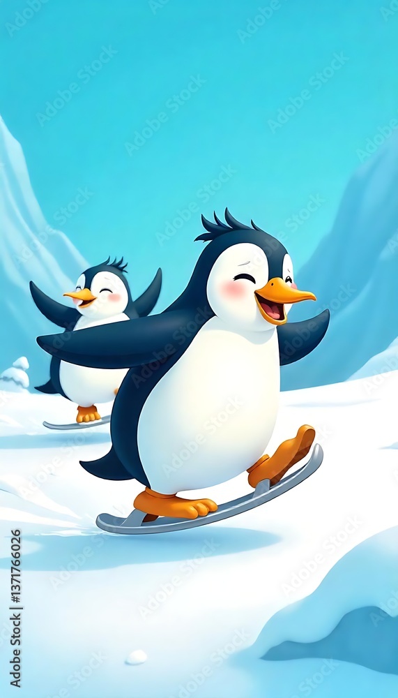 Obraz premium Generative AI Penguin Winter Wonderland: Joyful Ice Skating Adventure