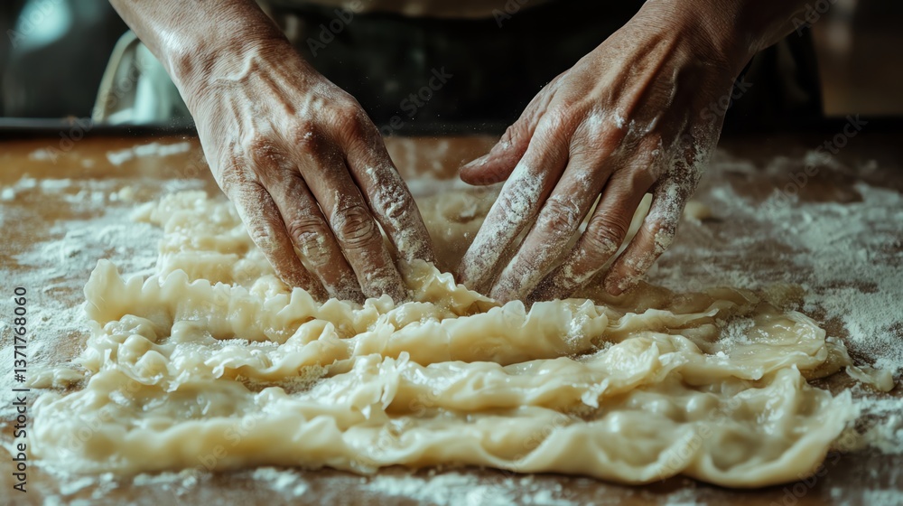 Cooking with bare hands. Hands preparing fresh pasta on a wooden surface. Cooking with bare hands. Hands preparing fresh pasta on a wooden surface.