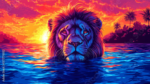 Majestic Lion in Vibrant Sunset: A Tropical Paradise