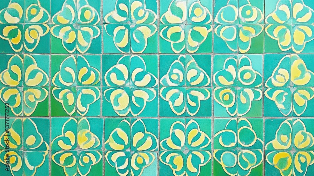 Fototapeta premium Colorful Decorative Tiles with Floral Patterns in Turquoise Shades