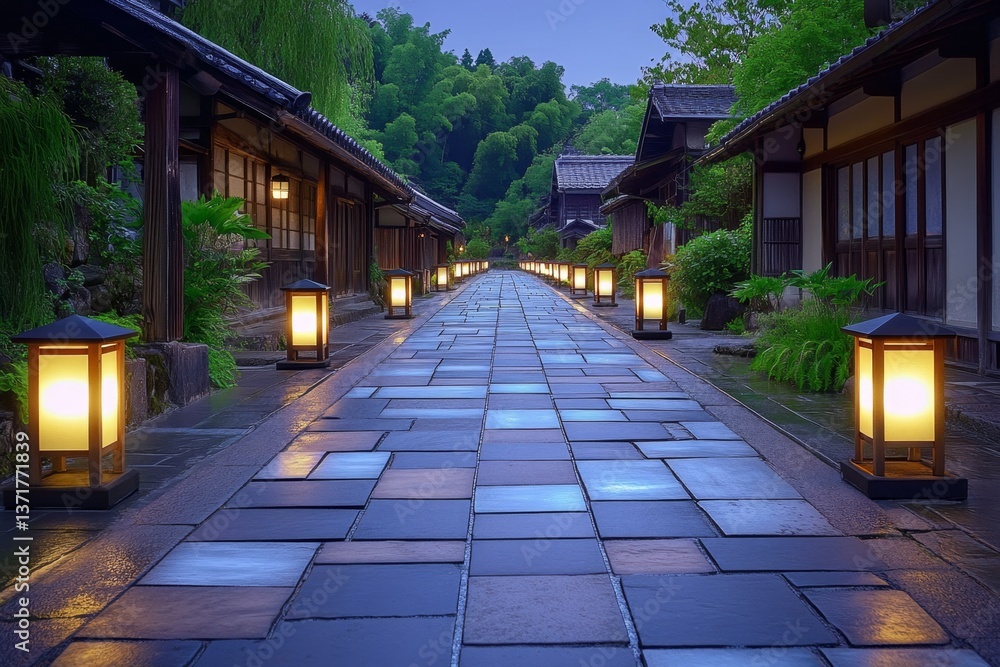 A mystical Obon night where glowing ancestral spirits emerge from the lantern-lit streets of an ancient village A mystical Obon night where glowing ancestral spirits emerge from the lantern-lit streets of an ancient village