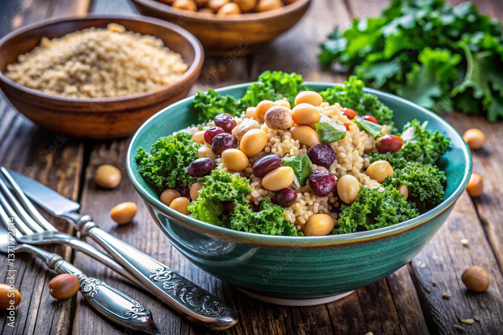 A nutritious bowl featuring quinoa, kale, chickpeas, and nuts for the ultimate superfood mix A nutritious bowl featuring quinoa, kale, chickpeas, and nuts for the ultimate superfood mix