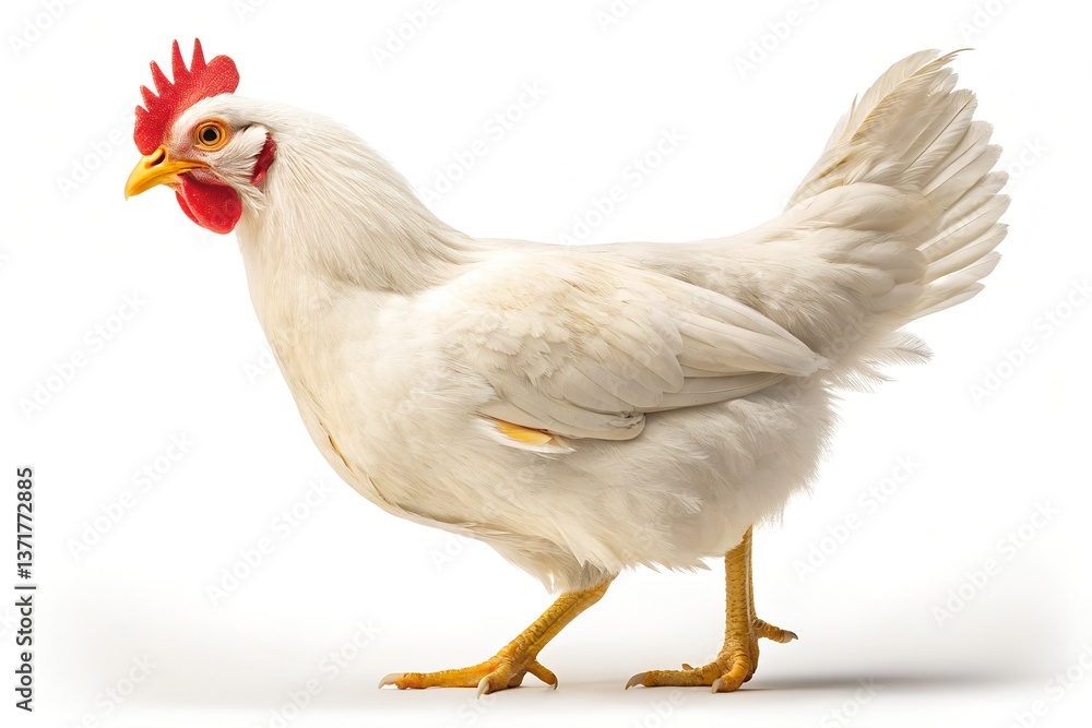 Fototapeta premium Photorealistic White Chicken with Red Comb, Yellow Beak & Legs – Studio Lighting on Clean Background