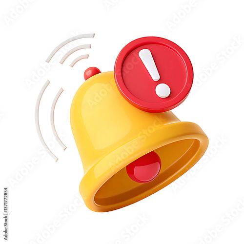 Rendered Yellow Notification Bell Icon with Red Alert Badge Isolated on Transparent Background