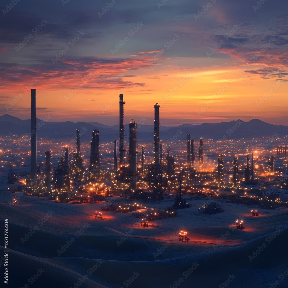 Fototapeta premium Majestic sunset over a sprawling industrial landscape with illuminated towers and distant mountains