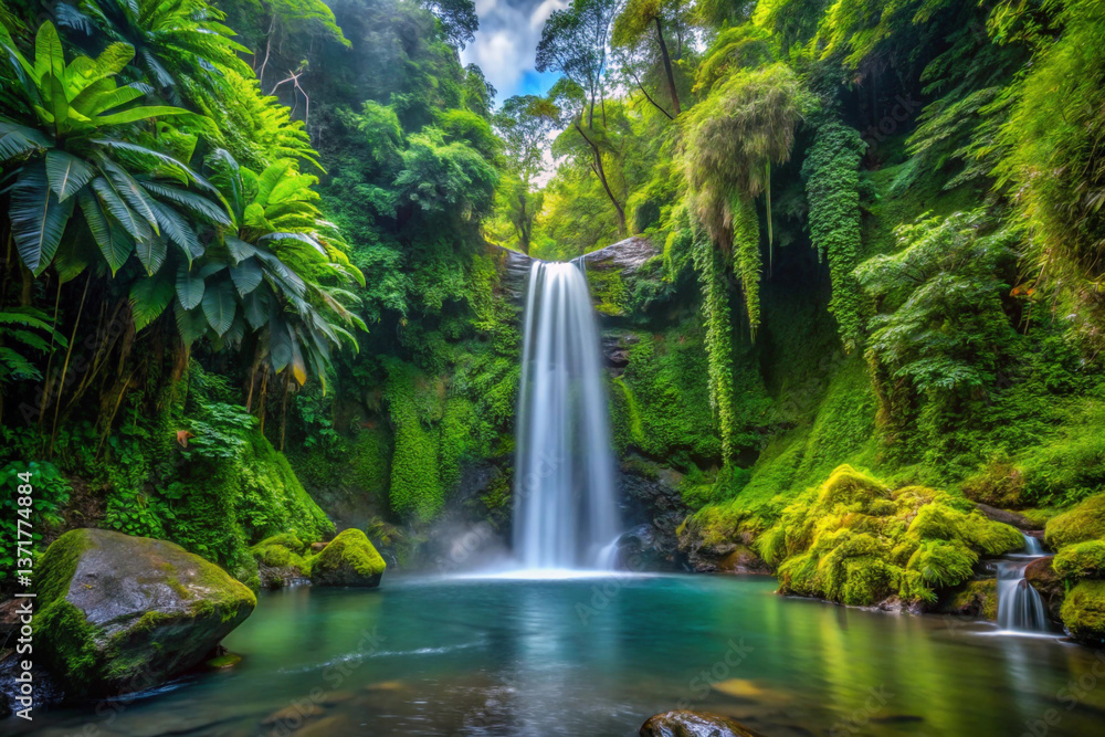 Fototapeta premium A secret waterfall deep in a rainforest, surrounded by rich green foliage