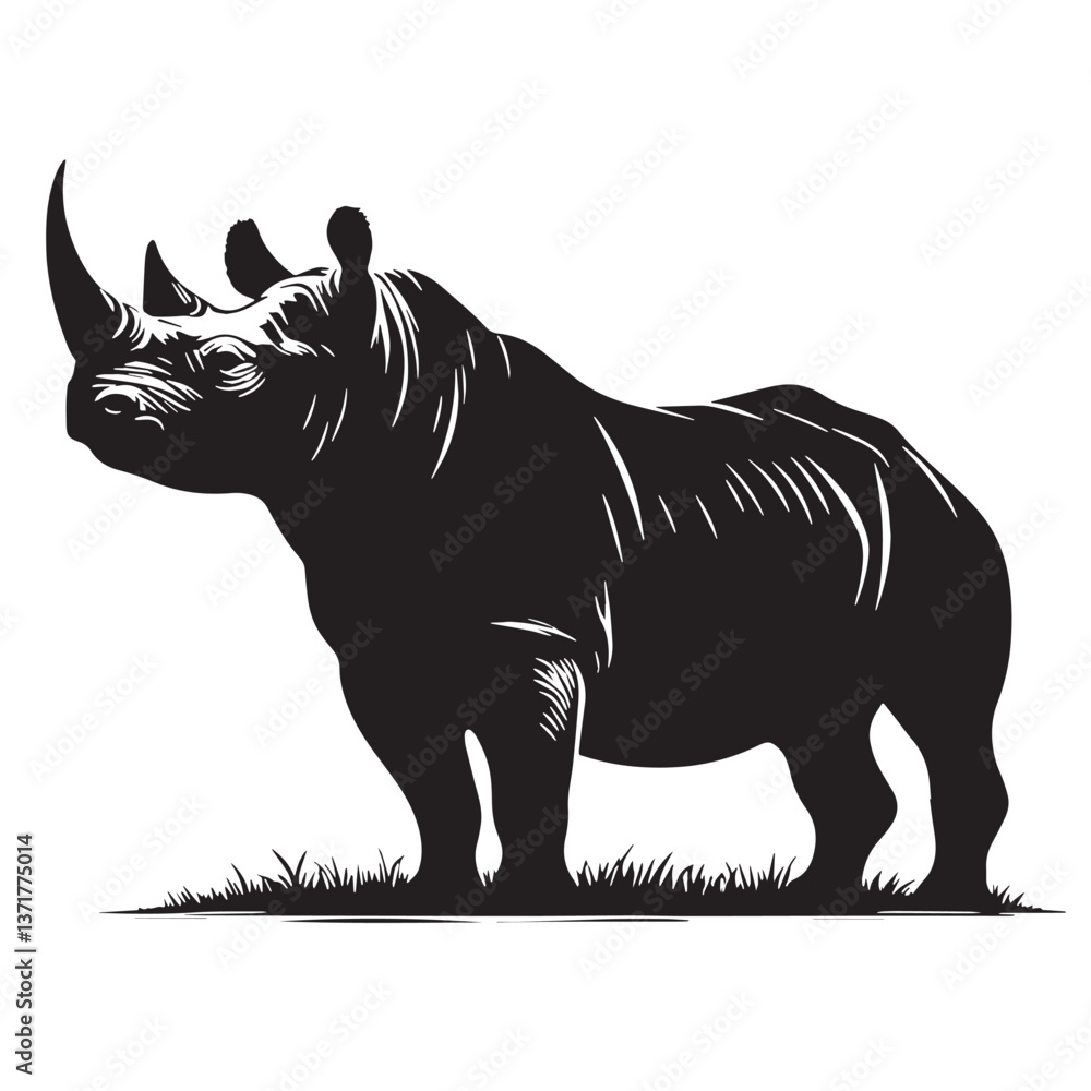 Obraz premium Black West African Black Rhinoceros Silhouette Vector, High Quality Illustration on White Background