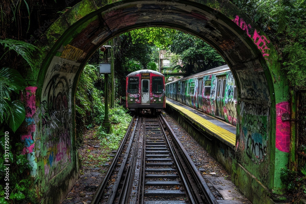 Tunnel view frames train at platform overgrown with greenery and graffiti Tunnel view frames train at platform overgrown with greenery and graffiti