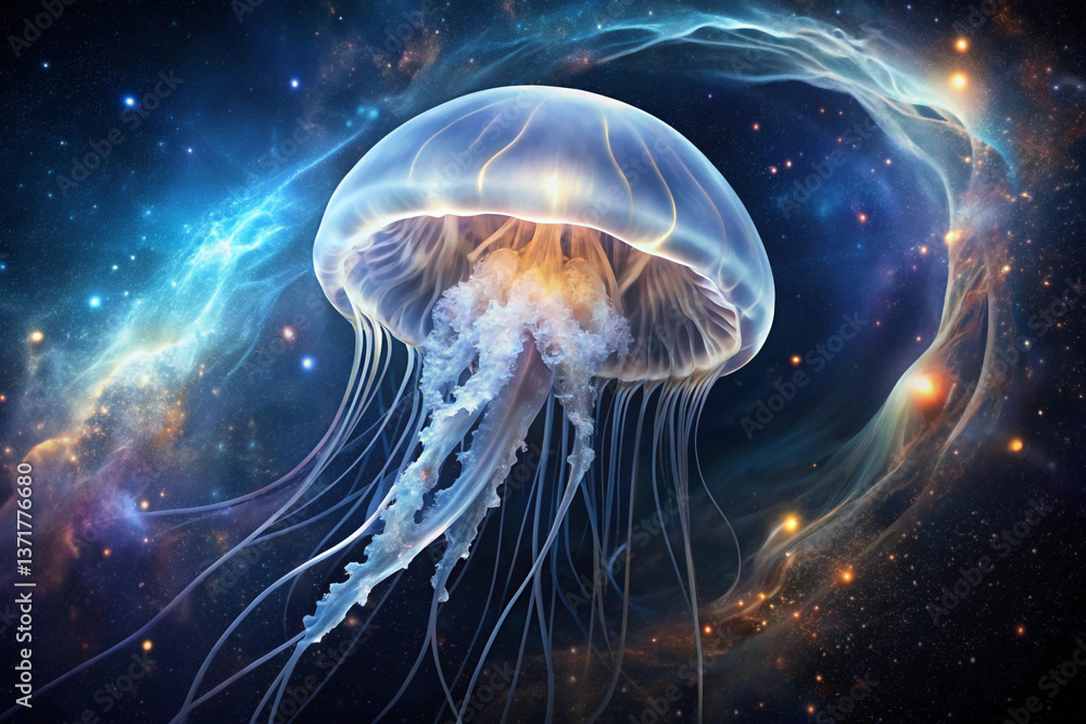 A transparent jellyfish floating in space, absorbing starlight A transparent jellyfish floating in space, absorbing starlight