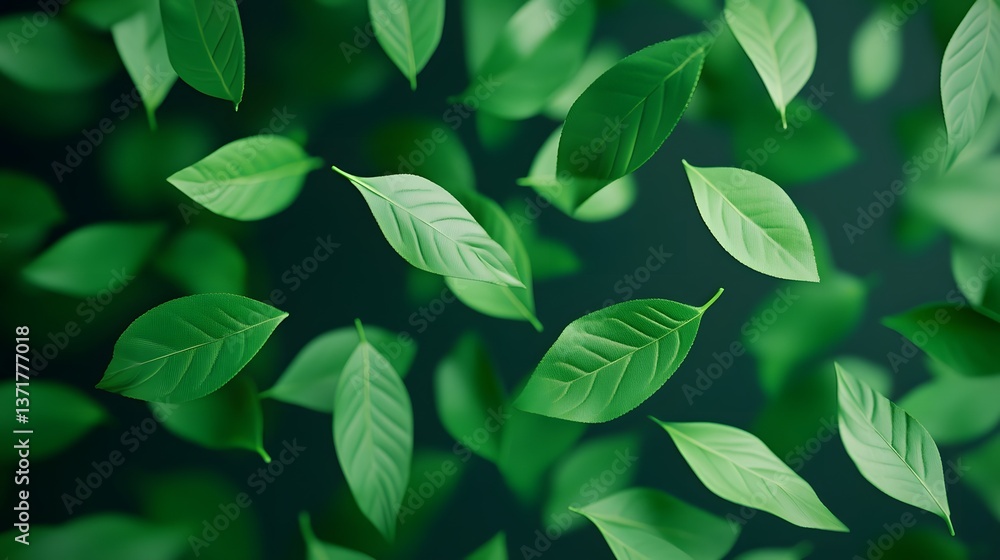 Fototapeta premium Floating Green Leaves in Motion, Depicting Natural Wind Energy and Sustainability in a 3D