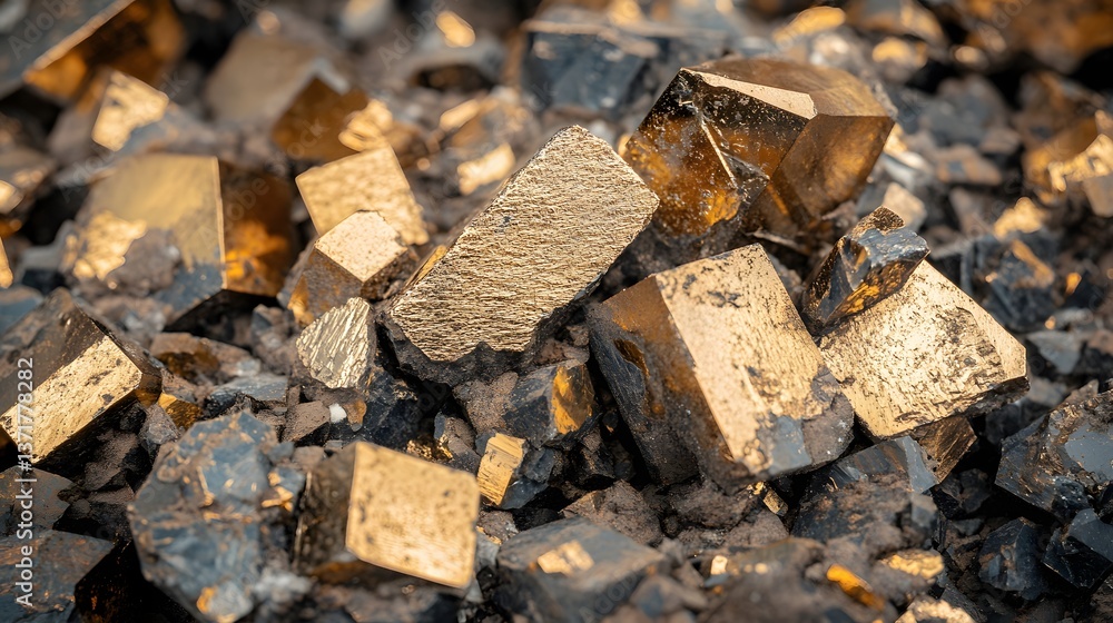 Golden Pyrite Crystals Close Up Texture Background Minerals Geology Golden Pyrite Crystals Close Up Texture Background Minerals Geology