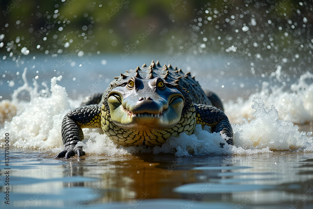 Obraz premium Alligator Powerful Emerging from Water Against Lush Greenery
