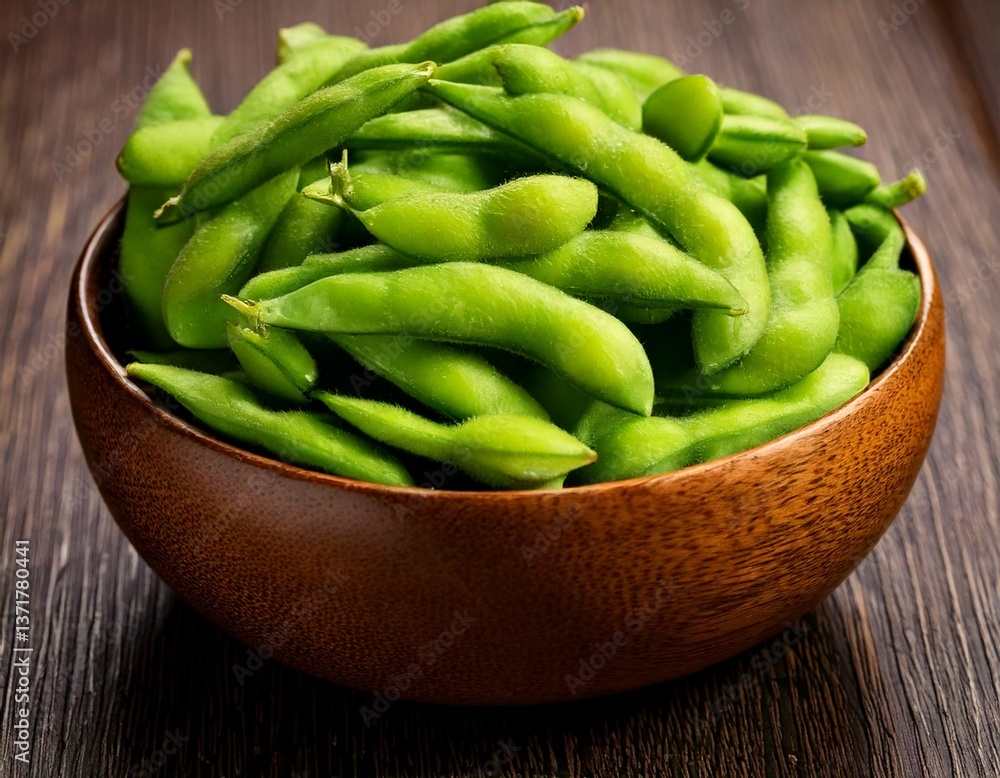 Close-up of freshly harvested edamame in a wooden bowl Close-up of freshly harvested edamame in a wooden bowl