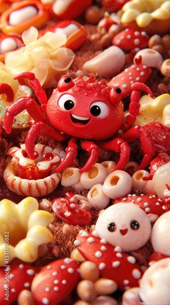 Happy crab amidst colorful sea creatures; vibrant underwater scene; children's book illustration Happy crab amidst colorful sea creatures; vibrant underwater scene; children's book illustration