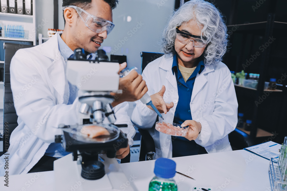 Team Asian scientists in a lab conducting food research using a microscope and lab equipment, showcasing innovation in food science and biotechnology Team Asian scientists in a lab conducting food research using a microscope and lab equipment, showcasing innovation in food science and biotechnology