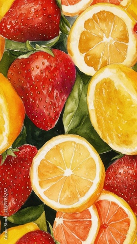Watercolor patterns Seamless. Vibrant Watercolor Painting of Strawberries Lemons and Grapefruits