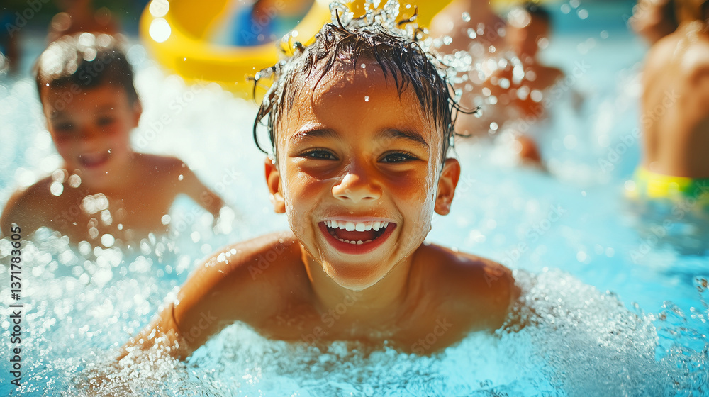 Cheerful children having fun in the water park