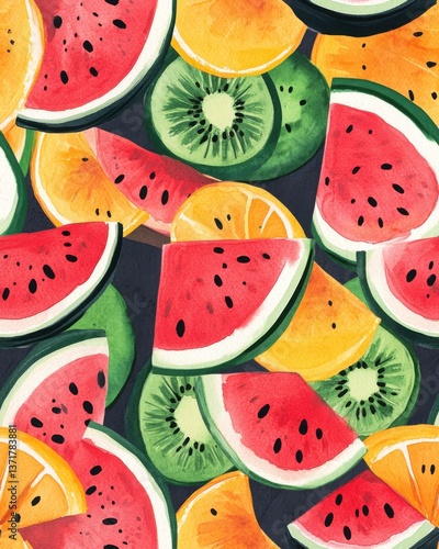 Watercolor patterns Seamless. Watermelon Kiwi Orange Fruit Slices Watercolor Painting