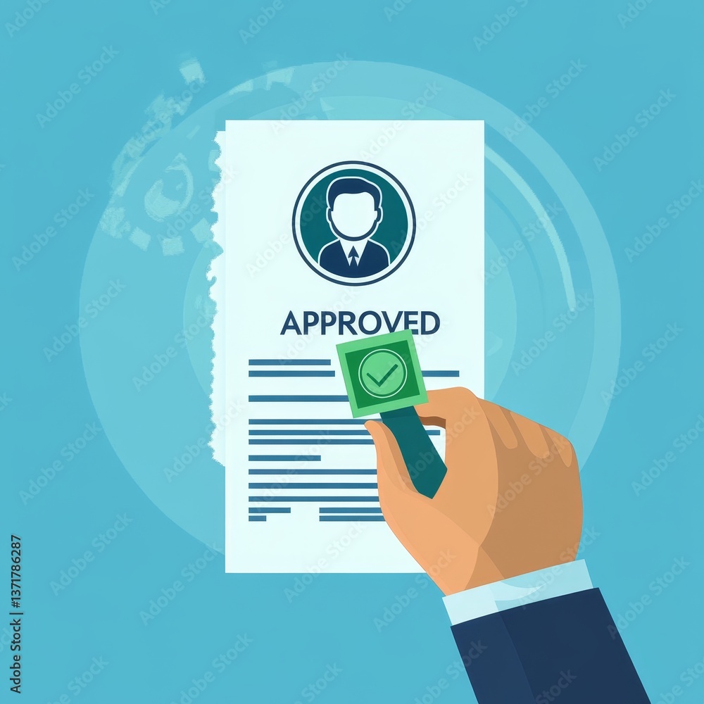 A hand stamping an approved document with a green checkmark seal. A hand stamping an approved document with a green checkmark seal.