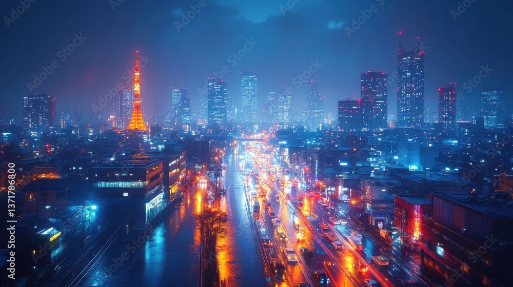 Fototapeta premium Tokyo Cityscape at Night Rainy Streets Neon Lights and Tower View