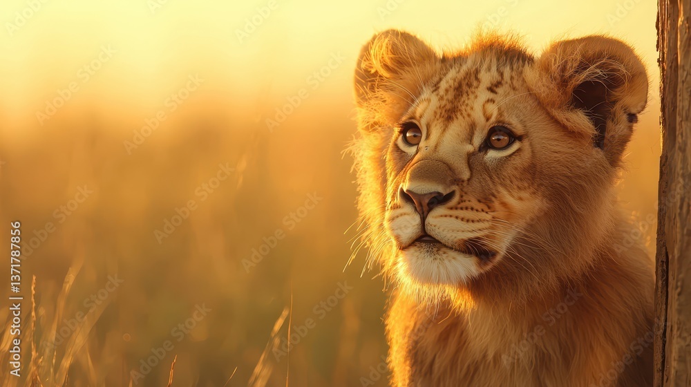 Obraz premium A majestic lion cub staring into the distance in a sunlit field during the golden hour of a beautiful evening