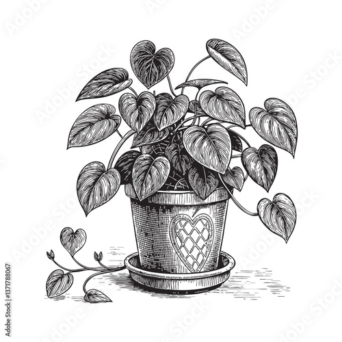 Pothos plant on pot engraving vector illustration
