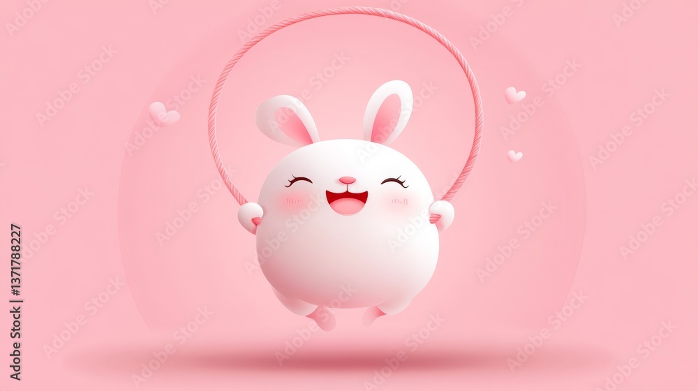 Playful White Bunny Jumping Rope on Pink Background Playful White Bunny Jumping Rope on Pink Background