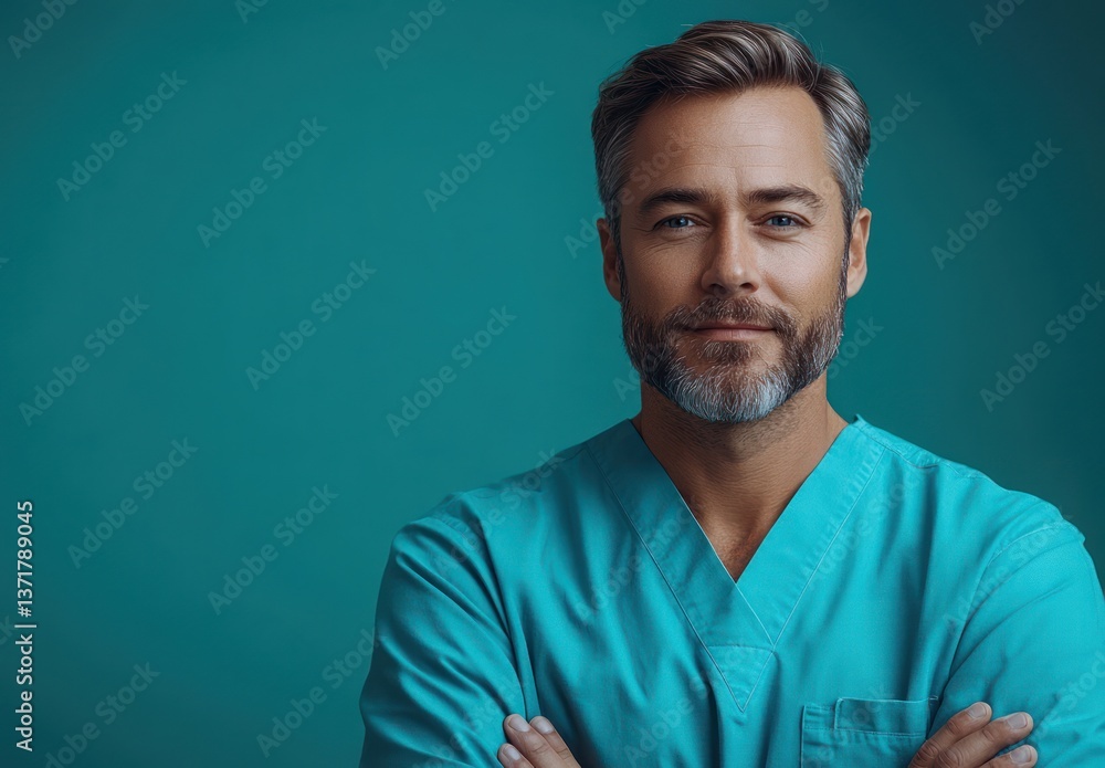Portrait of a smiling male doctor in scrubs pointing to the side in a vibrant teal studio setting Portrait of a smiling male doctor in scrubs pointing to the side in a vibrant teal studio setting