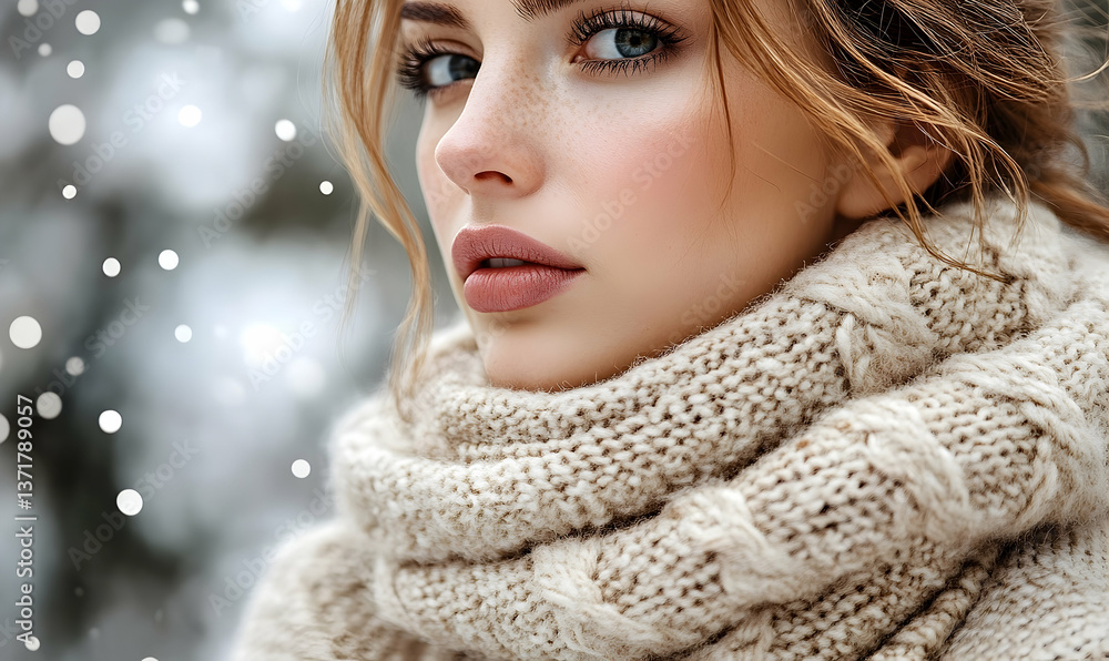Close-up portrait of a woman in a cozy knitted scarf, surrounded by falling snowflakes in winter Close-up portrait of a woman in a cozy knitted scarf, surrounded by falling snowflakes in winter