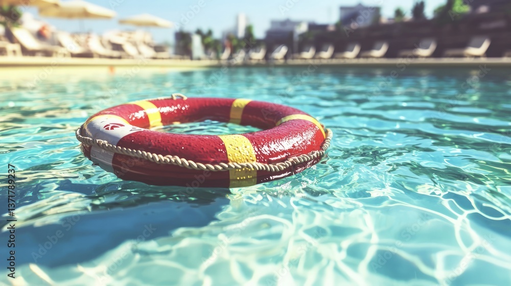 Red Lifebuoy in Pool Summer Safety Relaxation and Resort Red Lifebuoy in Pool Summer Safety Relaxation and Resort
