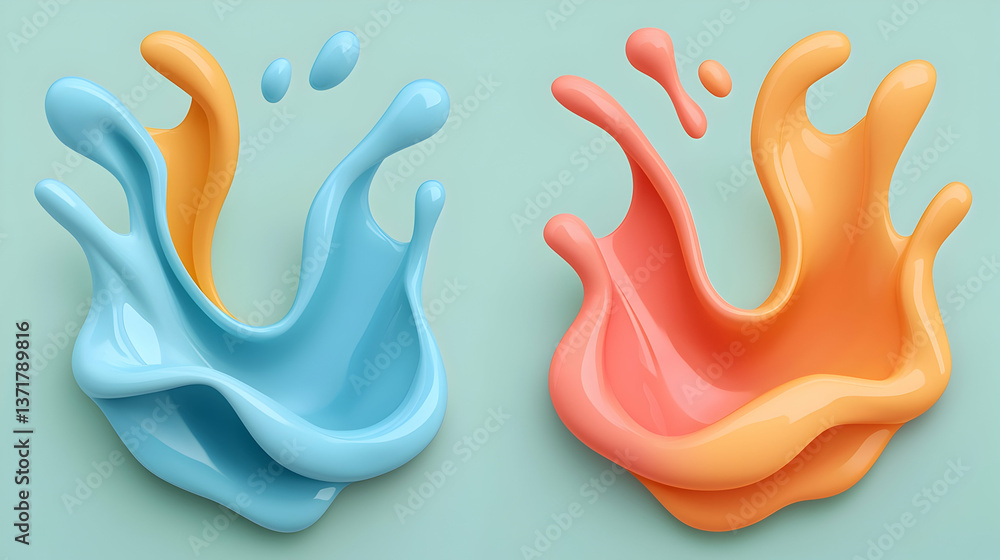 Pastel Blue And Orange Liquid Splashes On A Light Green Background Pastel Blue And Orange Liquid Splashes On A Light Green Background