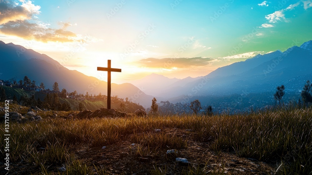Obraz premium Sunrise Cross Hilltop Landscape Faith Hope Peace Nature
