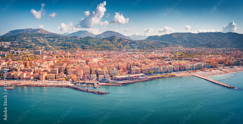 Incredible morning view from flying drone of Salerno city, Italy, Europe. Marvelous summer seascape of Mediterranean sea. Traveling concept background.