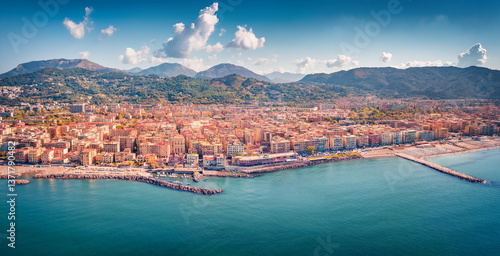 Obraz na płótnie Incredible morning view from flying drone of Salerno city, Italy, Europe. Marvelous summer seascape of Mediterranean sea. Traveling concept background. w salonie