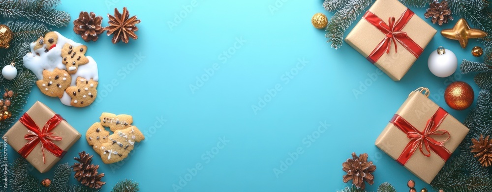Fototapeta premium Christmas Festival Minimalistic Design with Gift Boxes Ornaments and Cookies on Bright Cyan Background