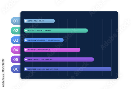 Horizontal bar graph with six segments, infographic template for data visualization, dark background, vector eps10 illustration