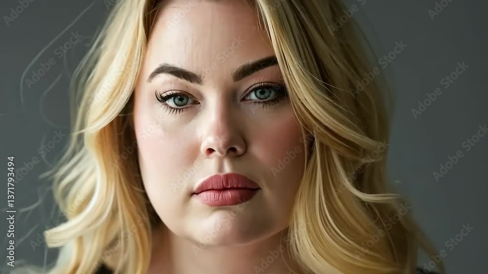 A confident plus-size blonde model posing in a studio for advertising purposes, showcasing diversity and body positivity. The video offers ample copy space for adding text or branding elements.