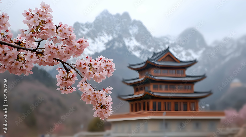 Pink Cherry Blossoms Blooming Near a Wooden Pagoda and Snowy Mountain Pink Cherry Blossoms Blooming Near a Wooden Pagoda and Snowy Mountain