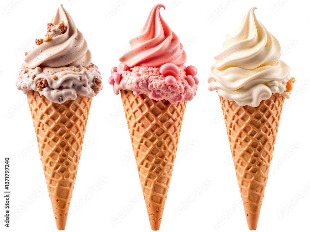 Three delicious ice cream cones with different flavors Three delicious ice cream cones with different flavors