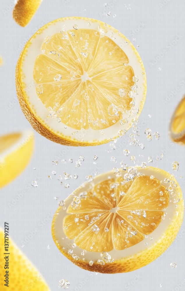 Lemon slices in motion, water droplets, light gray background. Use Food photography, drink advertisement Lemon slices in motion, water droplets, light gray background. Use Food photography, drink advertisement