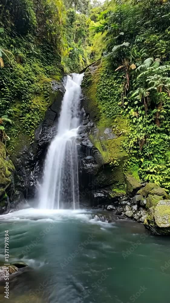 Tropical waterfall plunges into a natural pool surrounded by lush greenery during the day Tropical waterfall plunges into a natural pool surrounded by lush greenery during the day